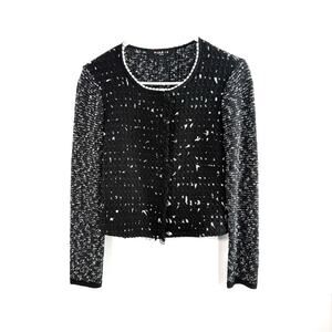 Paule Ka Black White Tweed Fringe Front Sweater Blazer Jacket Cotton Wool Medium